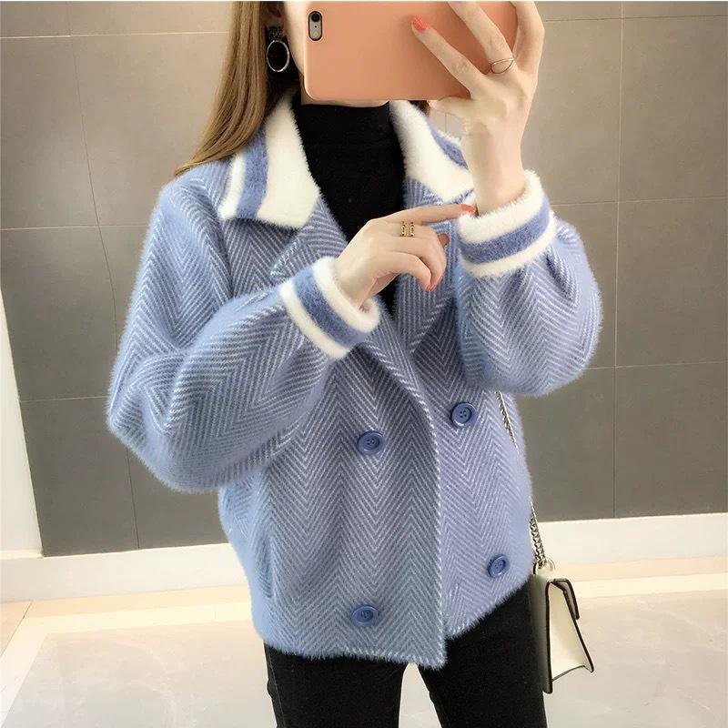 Damen Imitation Nerz Samt Strickjacke Pullover Mantel Kurz Damen Fuzzy Pullover Laternenärmel Casual Pullover Gestrickte Mohair Strickjacke Jacke Outwear M