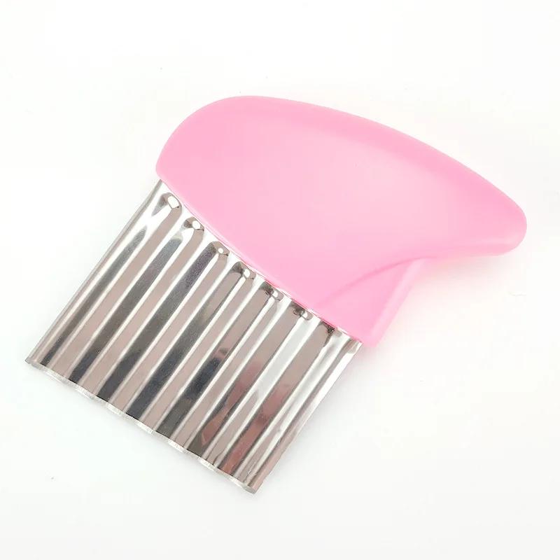 Kartoffelschneider, Chips, Pommes-frites-Maker, Edelstahl, gewelltes Messer, Pommes-frites-Zerkleinerer, Kartoffelmesser, Zerkleinerer, Crinkle-Wellenschneider rosa