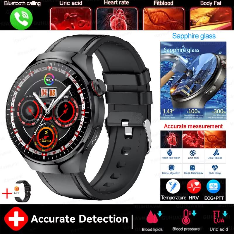 2025 Neue Genaue Blutfett Harnsäure Smartwatch Männer Frauen EKG+PPG Blutdruck Bluetooth Anruf Gesundheit Smartwatch black-leather
