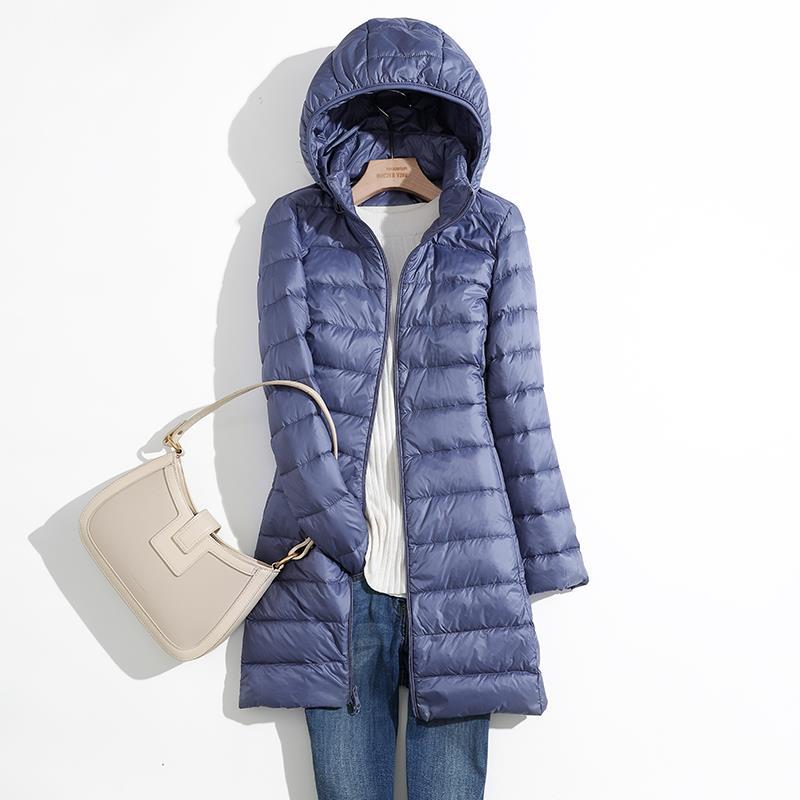 Herbst und Winter Übergröße Damen Ultraleichte, verstaubare, lange Pufferjacke Damen mit Kapuze Koreanischer Slim-Mantel mit übergroßer, abnehmbarer Kappe XXL blau