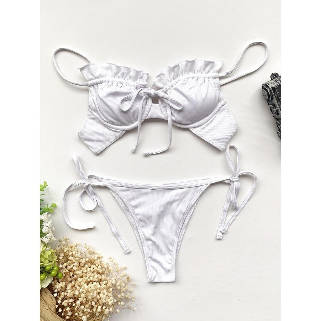 Frauen Bikini Push Up 5 Farben Badeanzug Weibliche Bademode Sexy Bikini Set Rüschen Biquini Micro Bikini Biquini Schwimmen Anzug Badeanzug L weiß