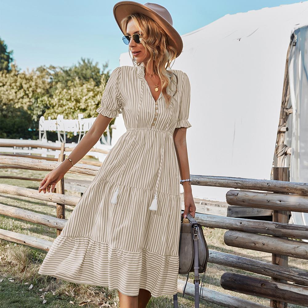 Frauen Elegante Gestreifte Laterne Hülse Sommer Kleid Kausalen V-ausschnitt Taste Rüschen Midi Kleid 2022 Frauen Strand Urlaub Party Kleid S khaki