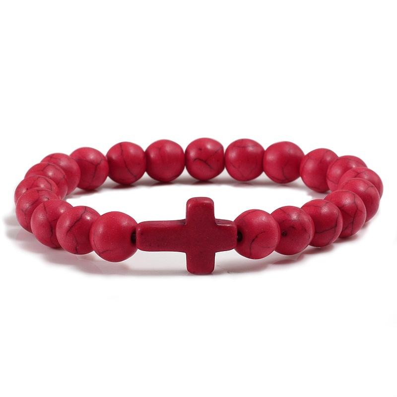 8mm Perlen Kreuz Armbänder für Damen Herren Naturstein Elastisches Stretch Gebetsarmband für Damen Freundschaft Kreuz Geschenke rot