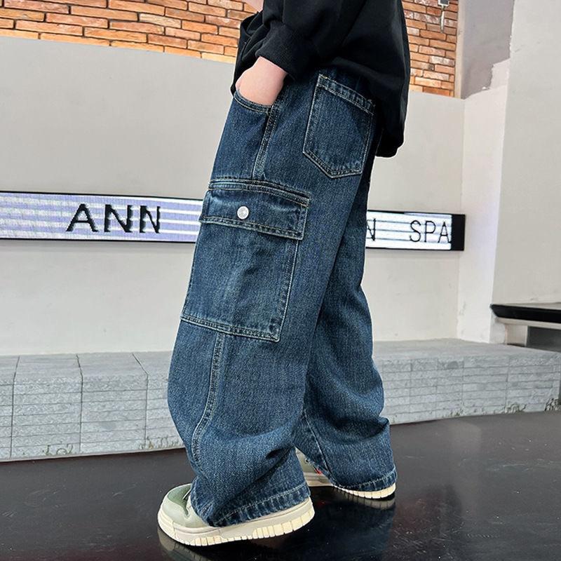 Teenager Jungen Jeans 2025 Neue Frühling Herbst Hosen Kinder Gerade Hosen Teenager Weitbeinige Cargohosen Kinder Lockere Kleidung 140 gray