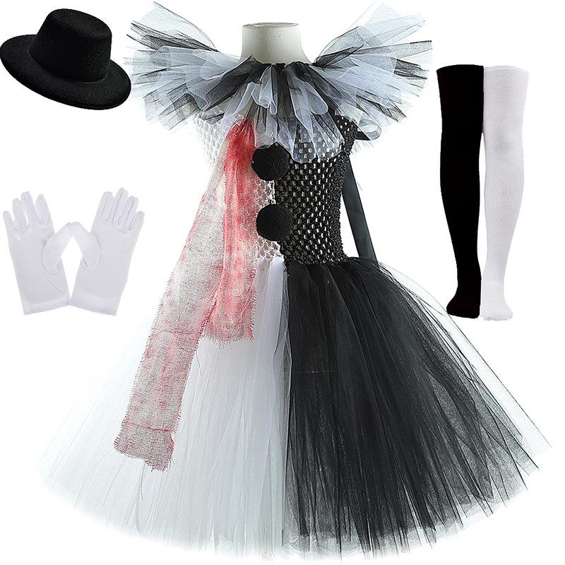 Halloween Outfit Kinder Party Horror Kleid Anzug Mädchen Clown Kostüm Mit Hut, Handschuhen, Messer Requisite Spitze Puffiges Kleid Für Mädchen Kleidung 2-3Y(80-90cm) gray