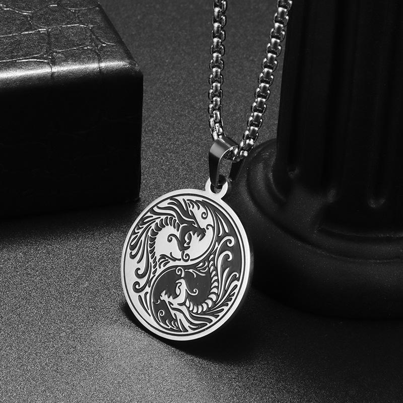 Vintage Ethnischer Stil Yin Yang Drachen Halskette Accessoires Edelstahl Anhänger Männer Personalisierte Halskette Accessoires black
