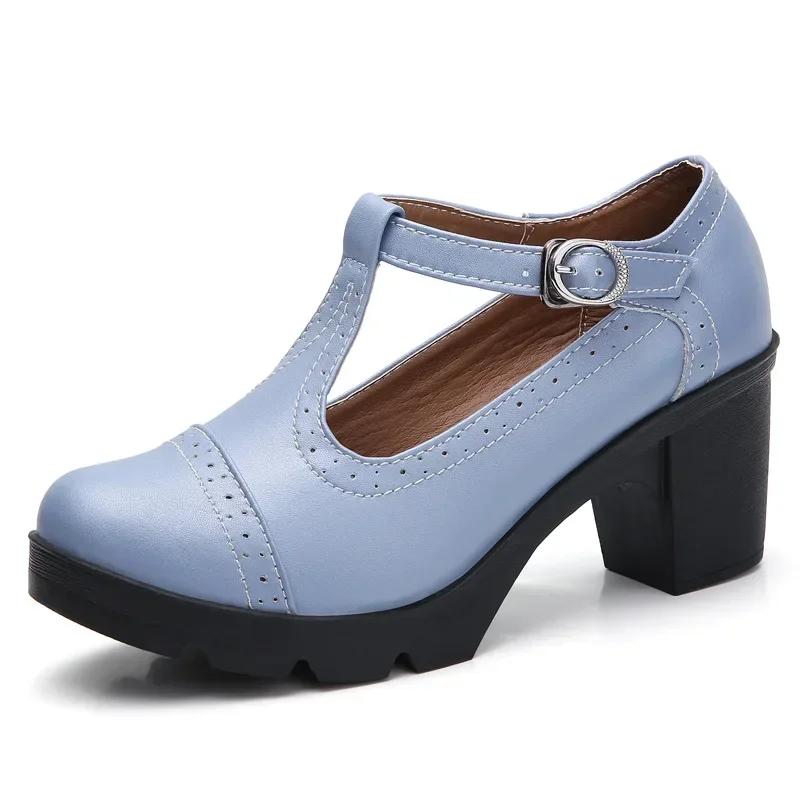 Mode Mode Britischer Stil Runde Zehen Mary Jane Schuhe Leder Ausgeschnitten Quadratische Absätze Plateau Retro Damen Tanzschuhe 35 blau