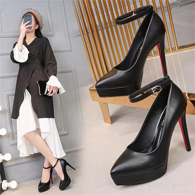 Damen Stripper 12cm High Heels 3cm Plateau Stiletto Pumps Rote Untere Nachtclub Heels Lady Fetisch Schwarze Lederriemen Schuhe 38 schwarz