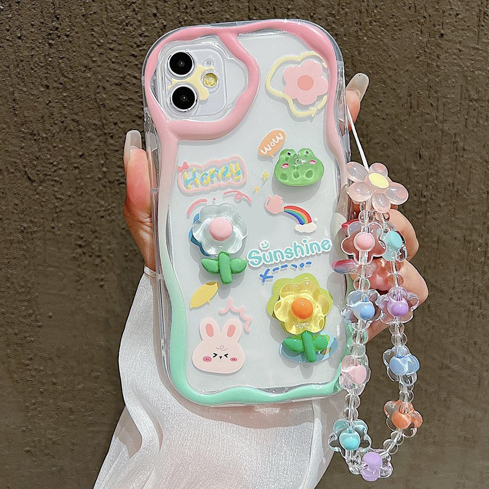 Niedliche 3D-Blumen-Handgelenkkette Handyhülle für iPhone 11 Hülle iPhone 14 15 16 13 12 Pro Max XR X 7 8 Plus SE Lanyard Klare Weiche Hülle For iPhone 14