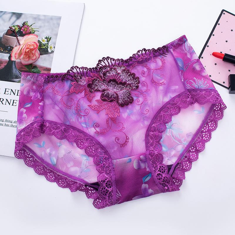 Frauen Sexy Spitze Unterwäsche Mittlere Taille Atmungsaktive Mesh Stickerei Hohl Große Größe Transparent Damen Unterwäsche L violett