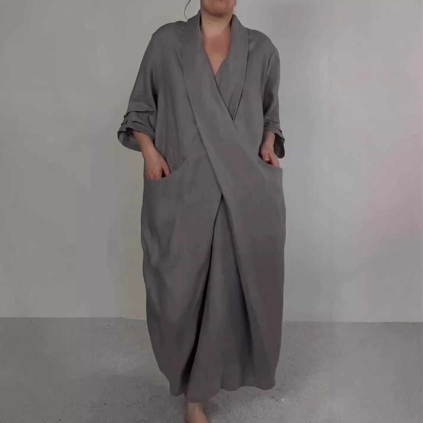 Maxikleid für Frühling und Herbst, Robe, Baggy, Kreuz, V-Ausschnitt, einfarbig, große Tasche, Retro-A-Linie, Bohemian-Maxikleid, lässig, Party, Reisen M grau