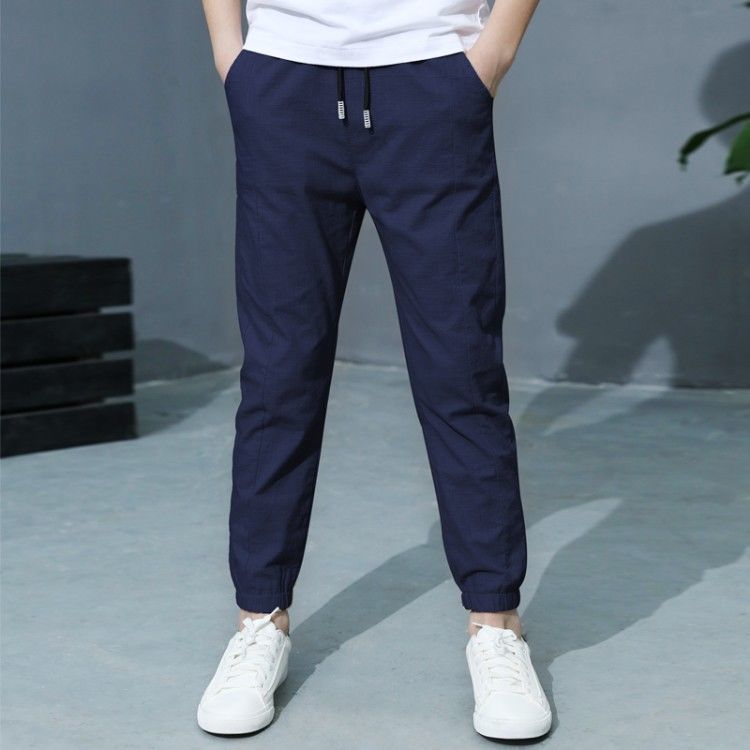 Hosen Junge Kinder Frühling Solide Baumwolle Leinen Hosen Kinder Hosen Junge Mode Voll Gerade Hosen 120CM navy blau