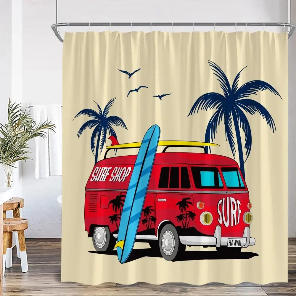 Camping Duschvorhang Wohnmobil Reisebus Strand Kokospalme Surfbrett Outdoor Action Badezimmer Dekoration Wohnmobil Duschvorhang W180XH200cm