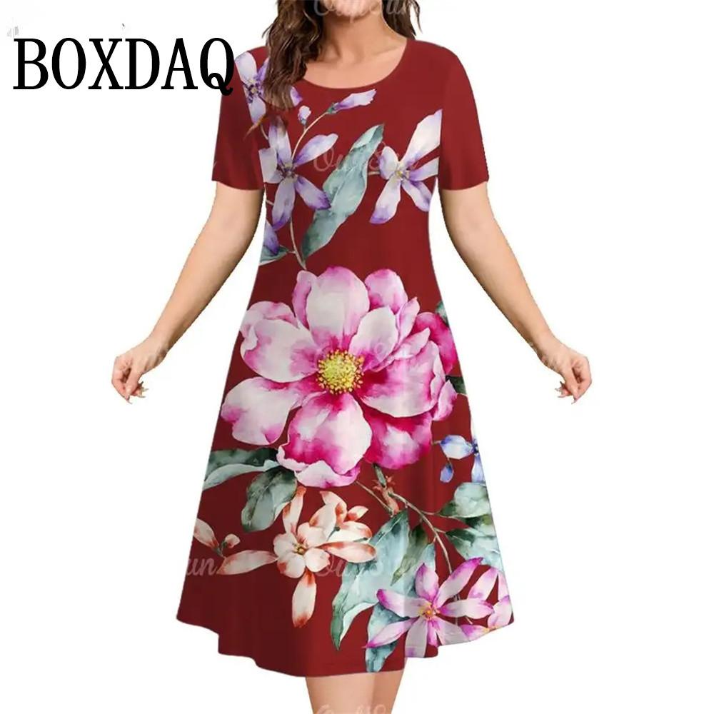 Sommer Rundhals Kurzarm 3D-Druck Rote Blumen Damenkleider Kleidung Plus Size Lose Neues Kleid M gray