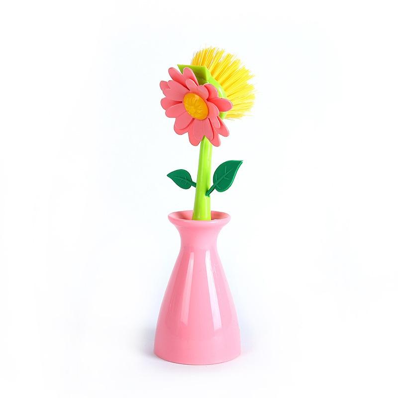 Blumenlanger Griff Waschtopfbürste Küchenspülbürste Haushaltswaschtopfbürste Spülbecken Herd Reinigungsbürste rosa