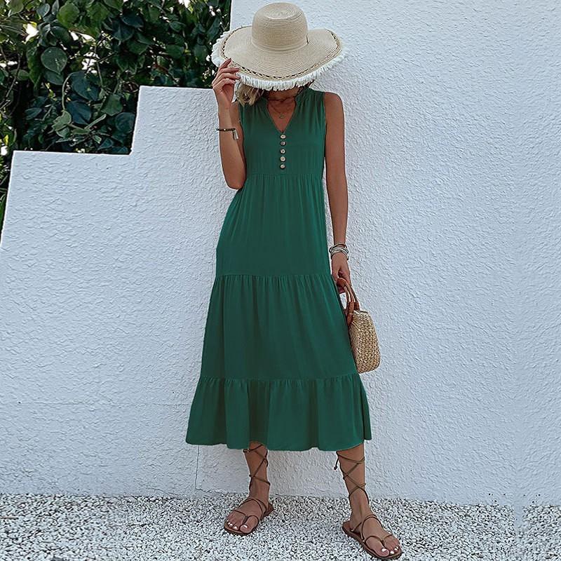 Sommer Damen Tank Top Kleid Ärmellos Plissee Kleider Lose V-Ausschnitt Midi Kleider S moosgrün