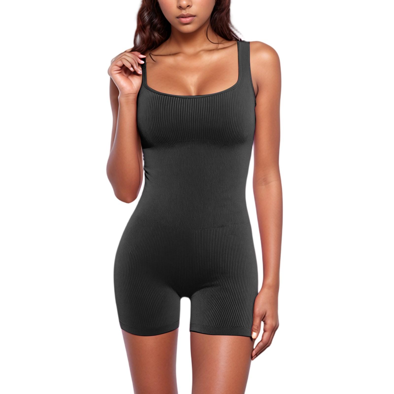 Damen Ärmelloser Tanktop Jumpsuit Gerippter Eckiger Ausschnitt Hüftlifting Schlank Sexy Shorts Jumpsuit M schwarz