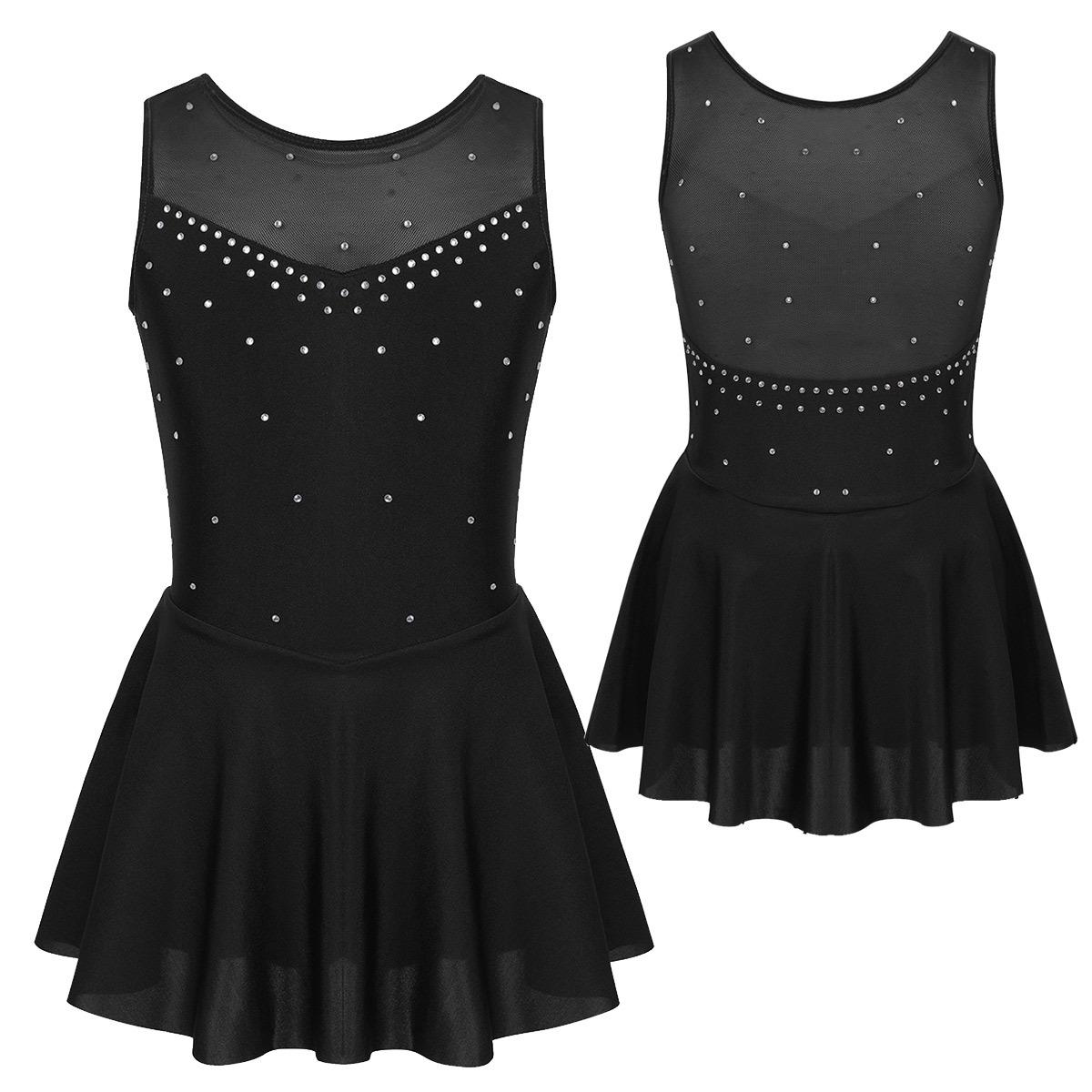Kinder Mädchen Ärmelloses Strass Gymnastik Trikot Kleid Mesh Splice Eiskunstlauf Kleid Ballett Leistung Tanz Kostüme 5-6 Years schwarz