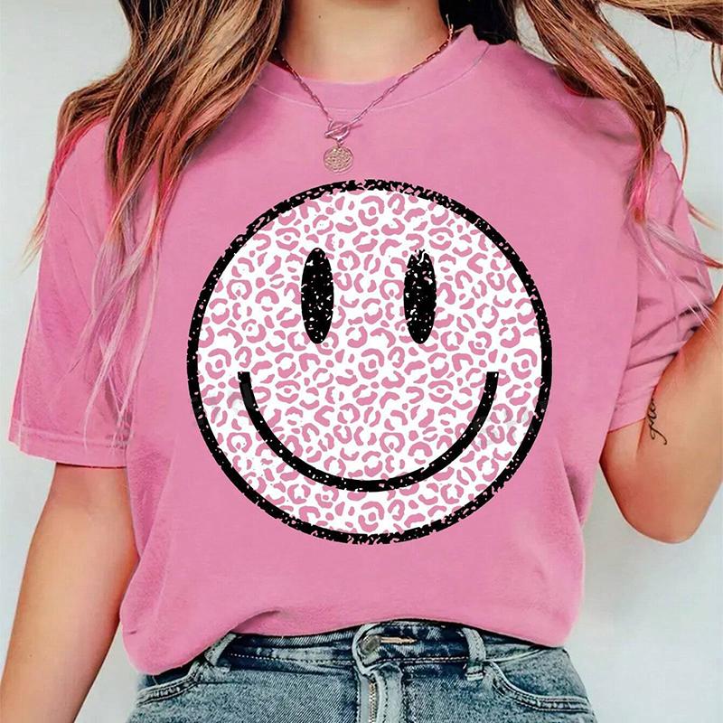 Mode Frauen Personalisierte Spotted Runde Lächelndes Gesicht Spleißen Print T Shirt Lustige Casual Oansatz Kurzen Ärmeln T-shirt Sommer Weibliche T Shirt XL rosa