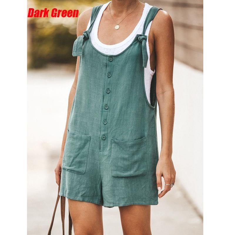 Damen-Overall, Sommer-Trägerhose, Shorts, lässig, locker, ärmellos, Strampler, Overall, Hosenträger, Overalls L dunkelgrüne
