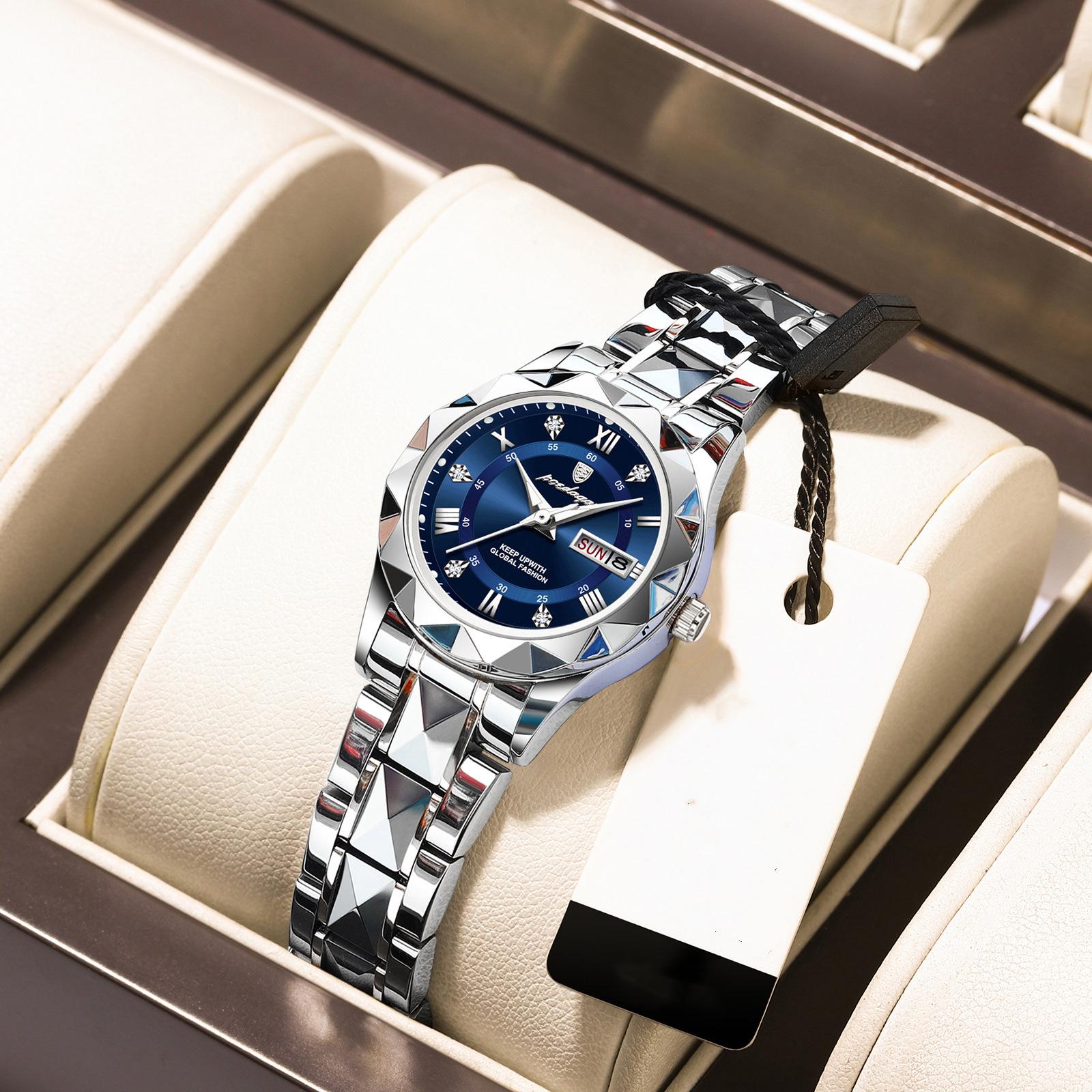 POEDAGAR Elegante Quarz Damen Armbanduhr Auto Datum Top Marke Original Uhr Für Frauen Luxus Wasserdicht Leuchtende Handgelenk Uhren blau/silber