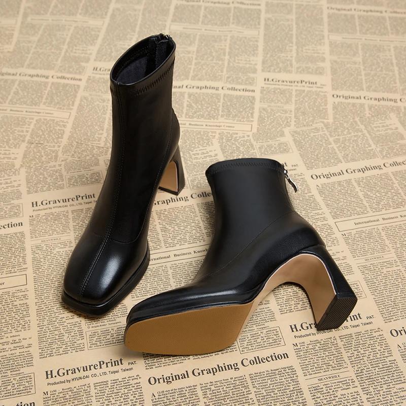 Mode Herbst Winter Damen Stiefeletten Mode Eckige Zehenpartie Stretch Kurze Stiefeletten Damen Prägnante Dicke Absätze Schuhe 39 schwarz