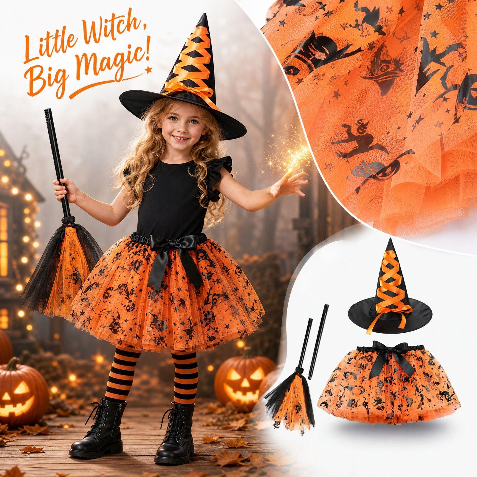 Mädchen Halloween Kostüm Set 3-teilig Kleid mit Kürbis und Print-Netz, Hexenhut und für Kostümparty 120