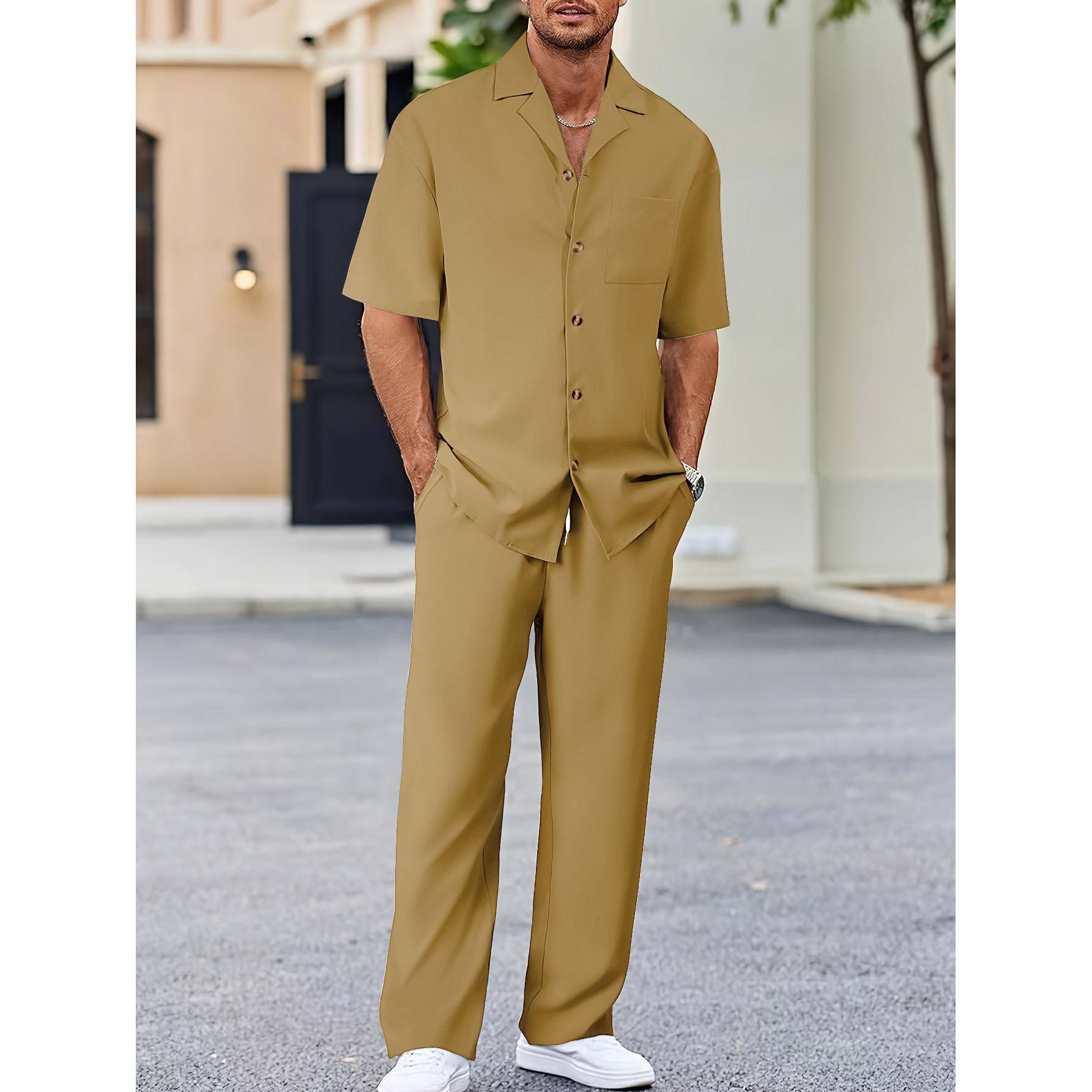 (Hemd+Hose) Sommer Herrenmode Klassisches Hemd Herren Business Casual Shirts Herren Ein Satz Kleidung XL orange
