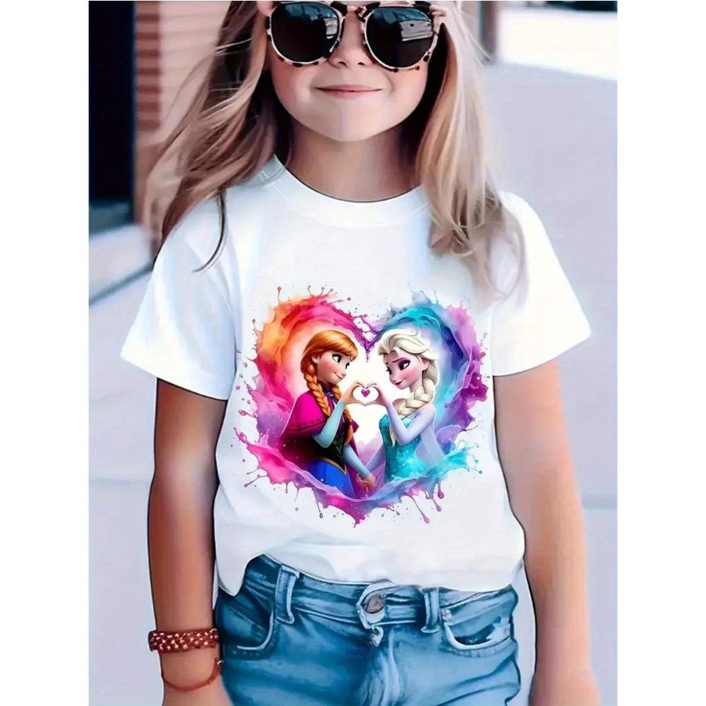 Sommer Frozen Elsa und Anna Aufdruck Kurzarm T-Shirt für Kinder Lässiges Lockeres Urlaubs Verkleidung Kinderkleidung 120 gray