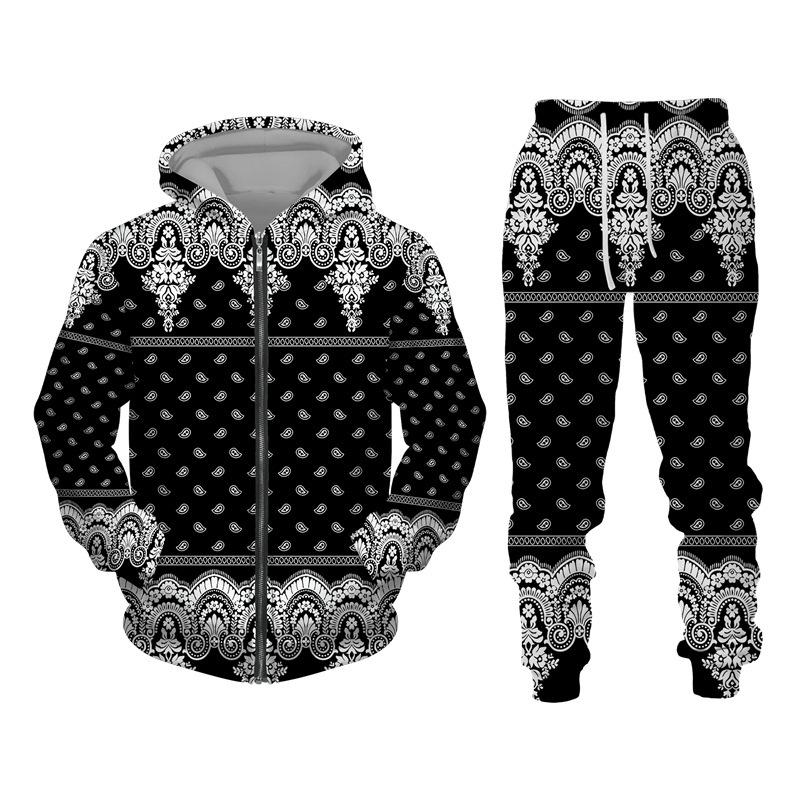 Trainingsanzug für Herren 3D Bandanna bedruckter Zip-Hoodie + Hosenanzug Cooler Herren 2-teiliges Sportbekleidungs-Set Lässige Hoodie-Set Herbst Herrenbekleidung M