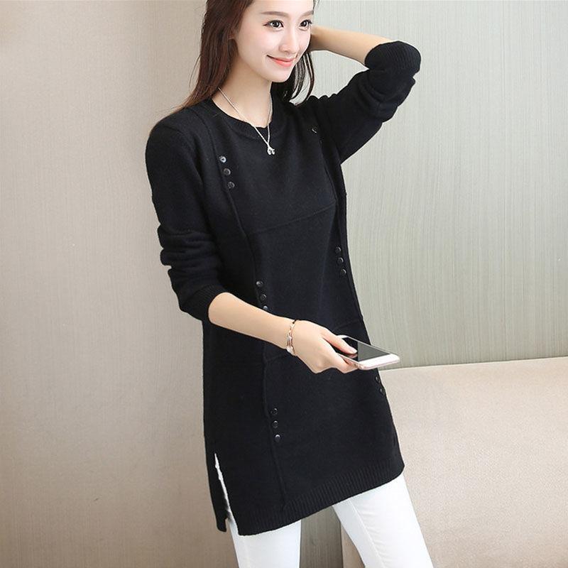 Herbst Winter Frauen Pullover Solide Pullover Strickwaren Pullover Oansatz Lange-ärmel Mittel-länge Pullover Weibliche Kleidung XXXL schwarz