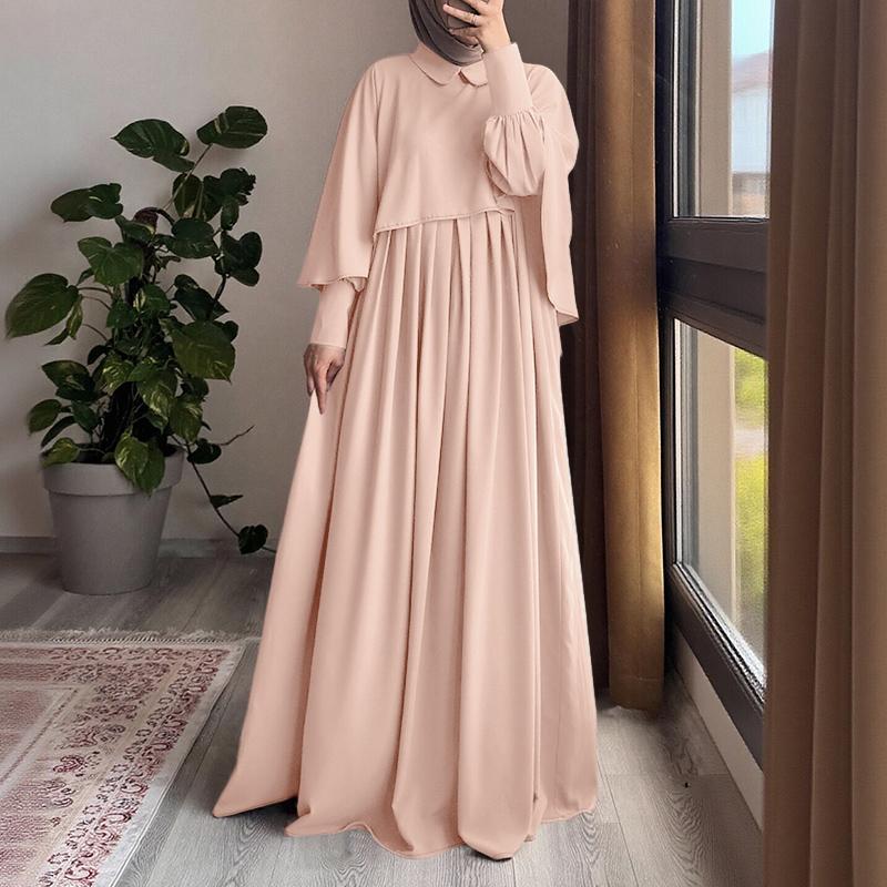 ZANZEA Damen Muslimisch Lässig Rundhals Einfarbig Langarm Locker Kleid S apricot