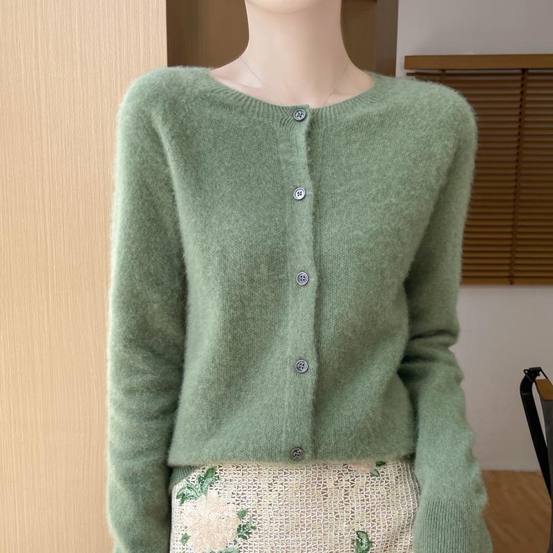 Damen Rundhals Strickjacke Qinghe Kaschmir 30% Kaschmir 70% Wolle Damen Herbst und Winter Kaschmir Strickjacke weich und warm L olivgrün dunkel