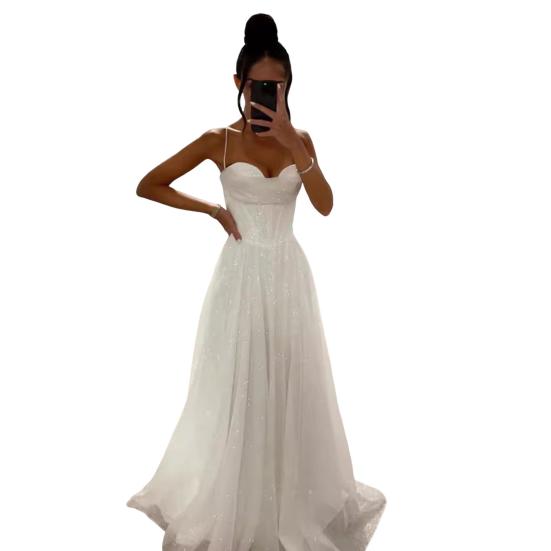 Brautkleid, Hochzeitskleid, Abschlussball, Party, Abendkleid, rückenfrei, Spaghettiträger, Pailletten, ärmellos, A-Linie, bodenlang, Ballkleid, plissiert, tief ausgeschnittenes Cocktailkleid M weiß