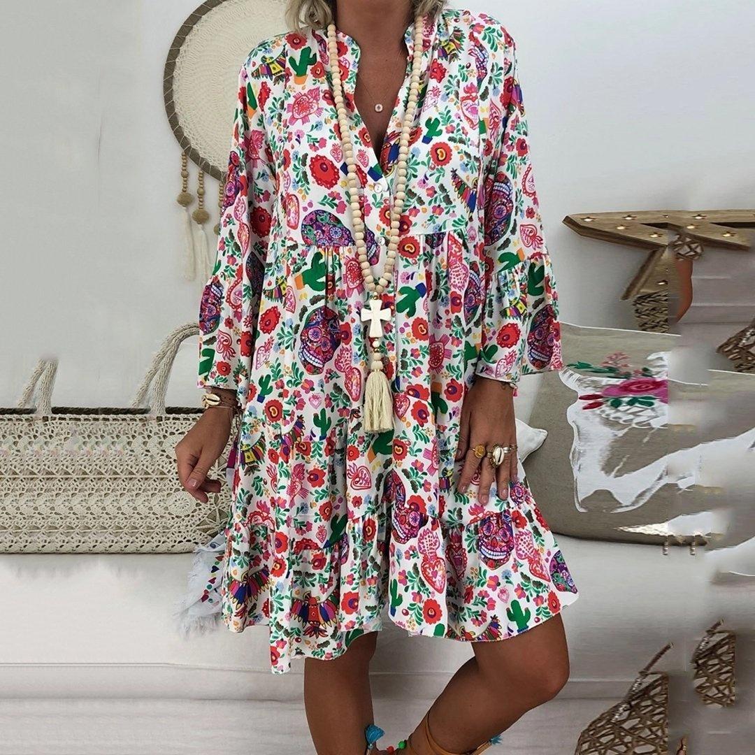 Plus Size Damenmode, locker, lässig, V-Ausschnitt, langärmelig, Blumendruck, Sommerkleid XL weiß