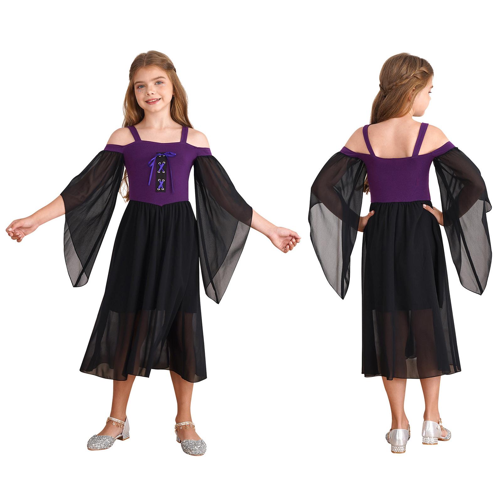 Kinder Mädchen Mittelalterliche Prinzessin Kostüm Renaissance Robe Kleid Quadratischer Ausschnitt Halloween Cosplay Kostüm 9-10 Years violett