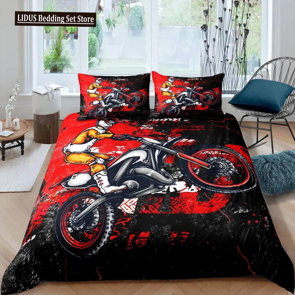 Dirtbike Bettbezug Set Motocross Rennfahrer Für Kinder Jugendliche Extremsport Stil Polyester Bettwäsche Set Bettzeug Doppel Queen King EU single(135x200cm)