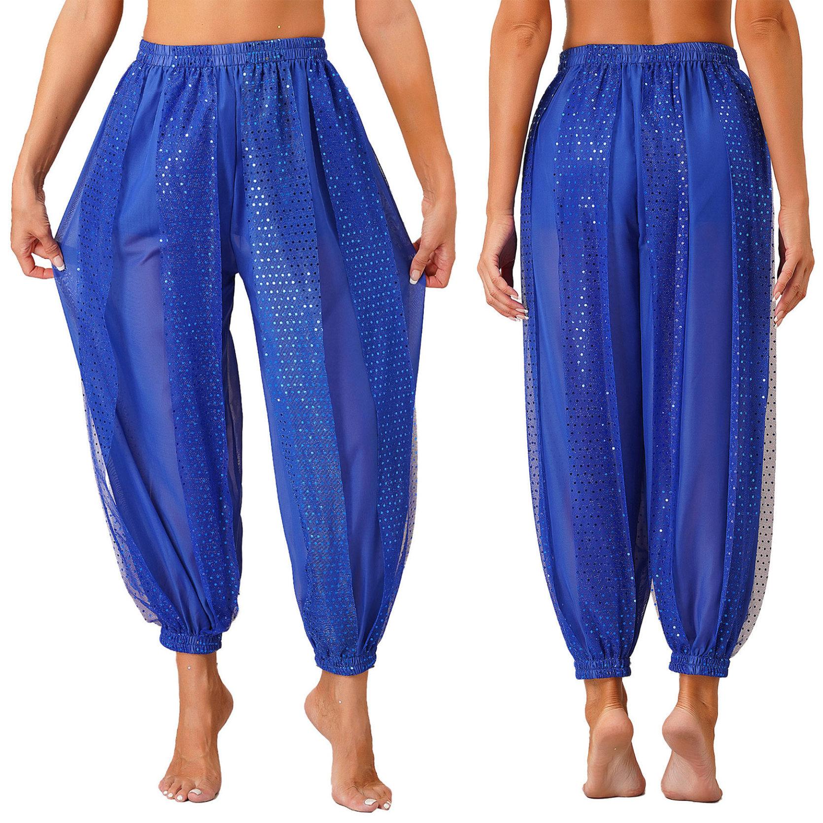 Damen Bauchtanz-Kostüm, Münzen, Laternenhose, seitlich geteilte Pailletten, glänzende Haremshose, arabische Halloween-Hose One Size königsblau