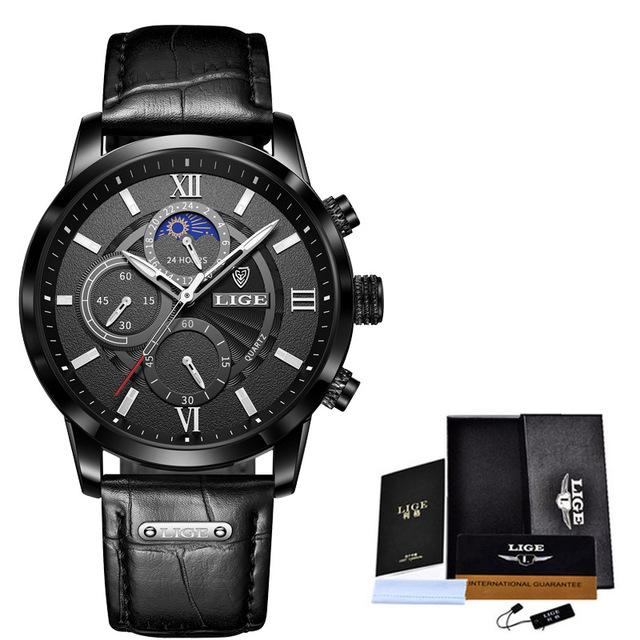 2021 LIGE Uhren Herren Top Marke Luxus Uhr Casual Leathe 24 Stunde Mondphase Männer Uhr Sport Wasserdicht Quarz Chronograph + Box schwarz