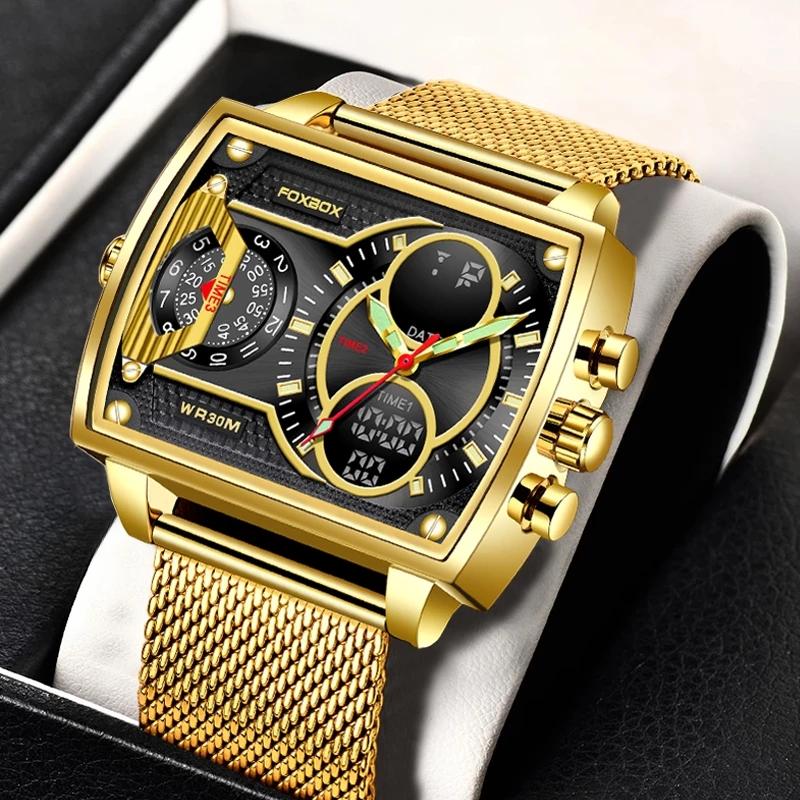 Top Marke Luxus Männer Uhr Fashion Square Uhr Männer Casual Sport Wasserdichte Doppel Display Uhr gold
