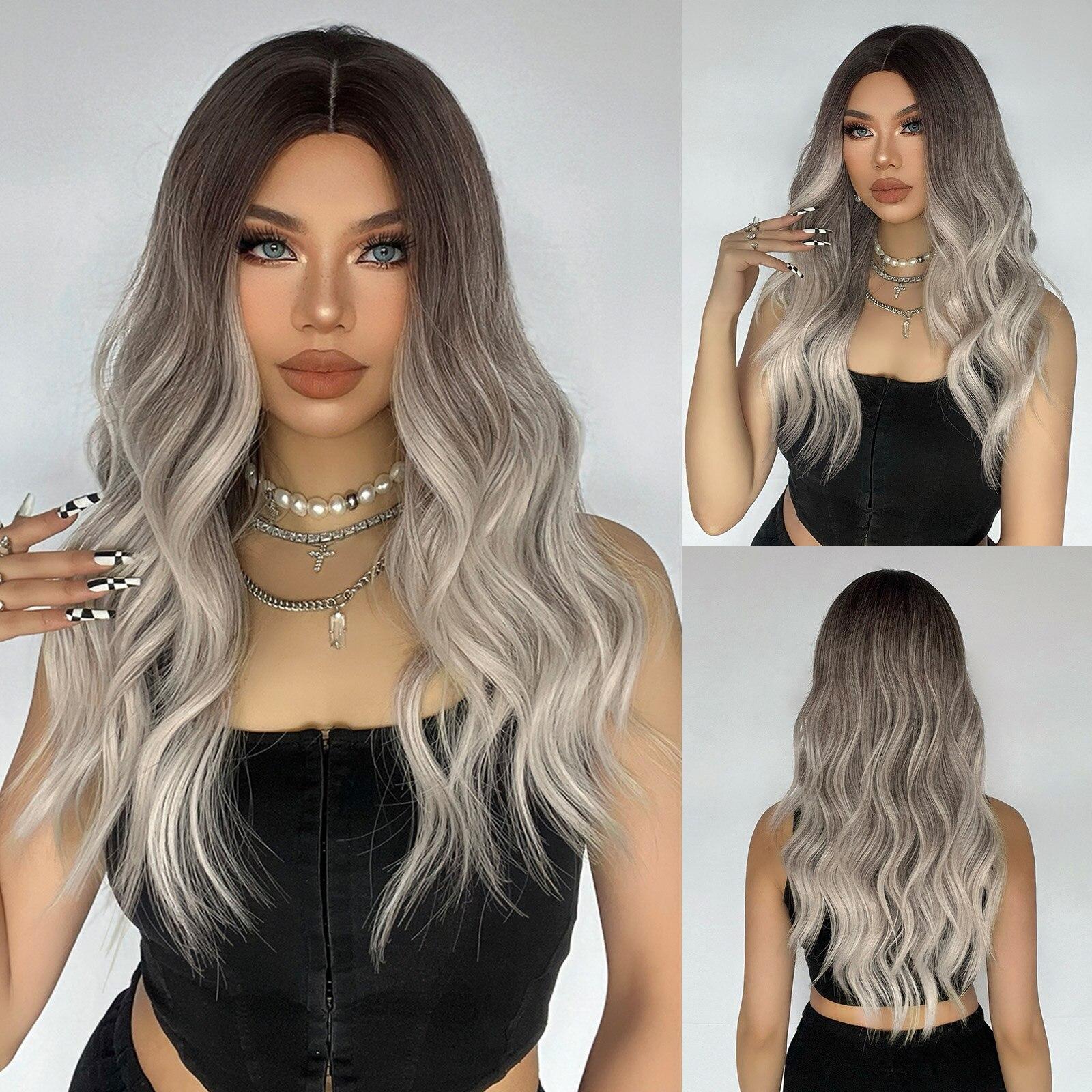 EASIHAIR Platinblonde Ombre-Synthetik-Perücken, lange wasserwellige Naturhaar-Perücke mit Pony, für Frauen, Cosplay, hitzebeständige Perücken