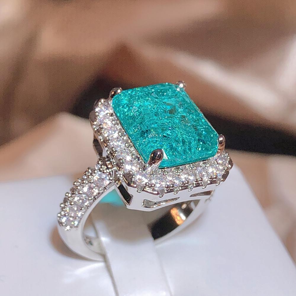 Exquisiter Seeblauer rechteckiger Smaragd-Zirkon-Ring für Damen, Modeschmuck, Accessoires, Hochzeit, Verlobungsschmuck, Gedenktagsgeschenk Resizable blau