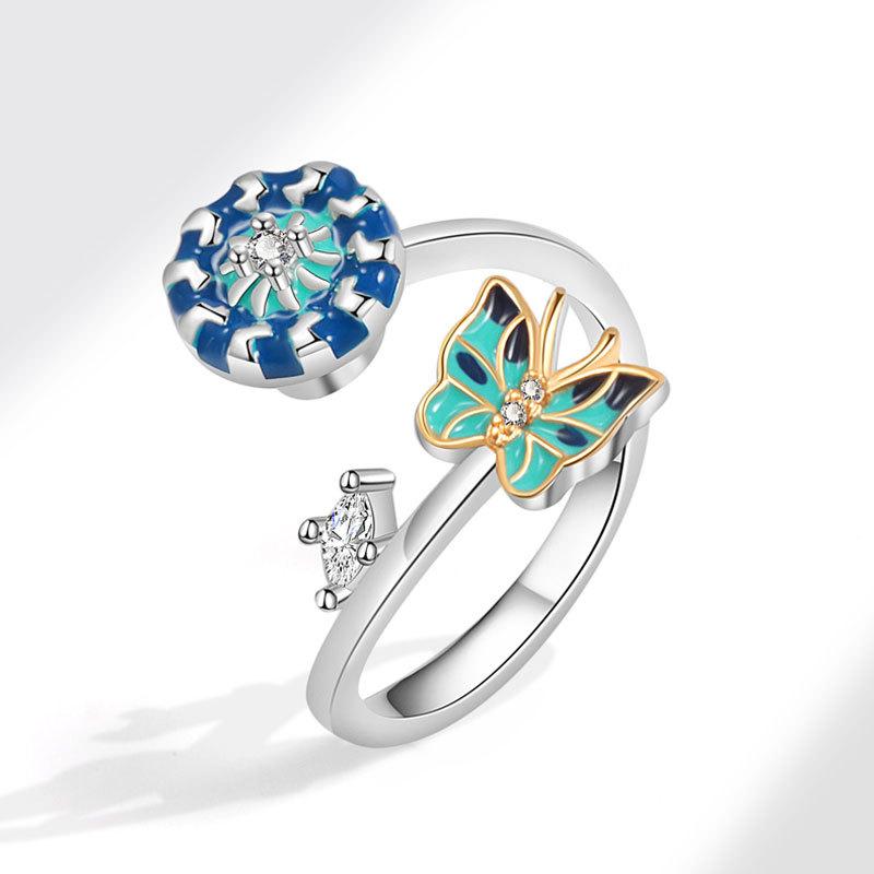 Emaille Gänseblümchen Blume Pflanze Angst Knöchelring Für Frauen Goldfarbenes Metall Kupfer Frei Drehbarer Ring Fidget Spinner Verstellbarer Ring resizable white