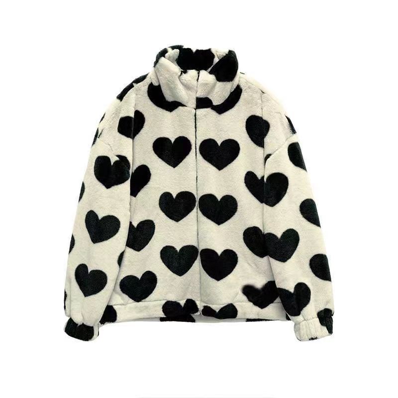 Love Printed Damen Winter Warmer Kunstpelzmantel Damen Stehkragen Kurzmantel Damen Warmer Plüschmantel Klassischer Lockerer Mantel Winter XL beige