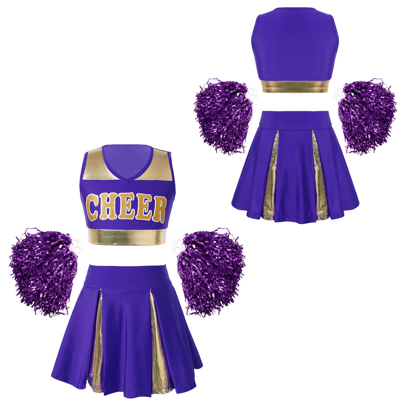 Cheerleading-Uniform für Mädchen, Kostüm-Outfit, Cosplay, Halloween-Kostüm, bauchfreies Top mit Rock und Handblumen 11-12 Years violett