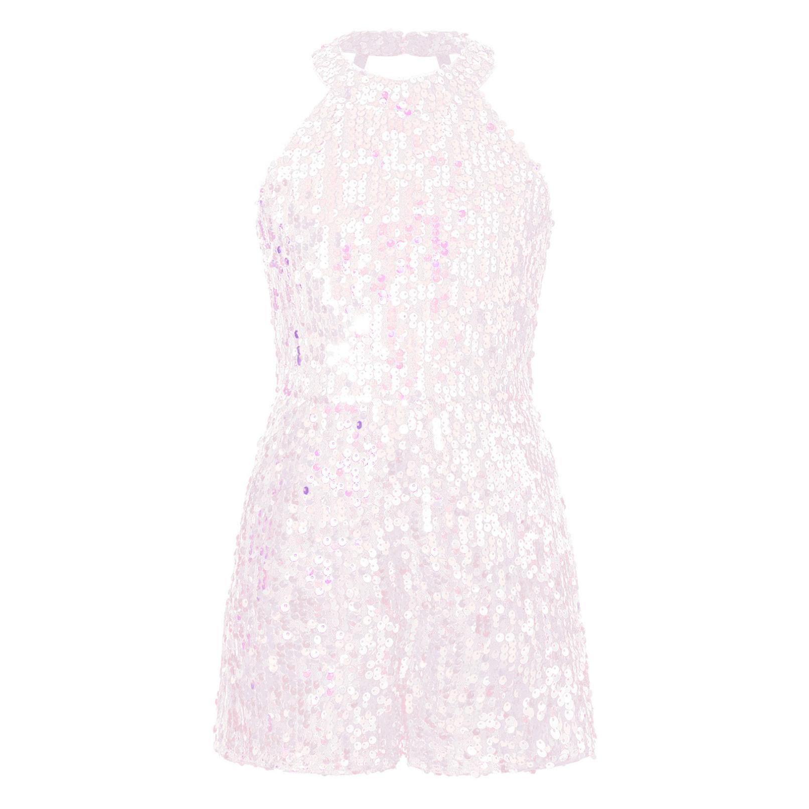 Kinder Mädchen Overall mit Allover-Pailletten, kurzer Overall, Neckholder, Riemchenrücken, ärmellos, kurzer Party-Einteiler 11-12 Years rosa