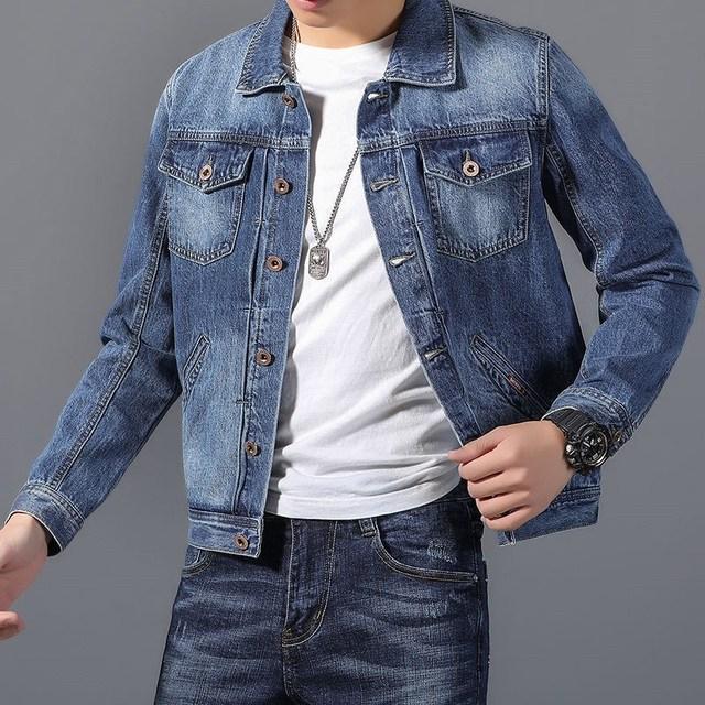 Neue Denim Jacke Männer Vintage Jean Mäntel Streetwear Fashion Jean Jacke Männer Drehen Unten Kragen Denim Oberbekleidung Baumwolle Bomber Jacke L denim-blau