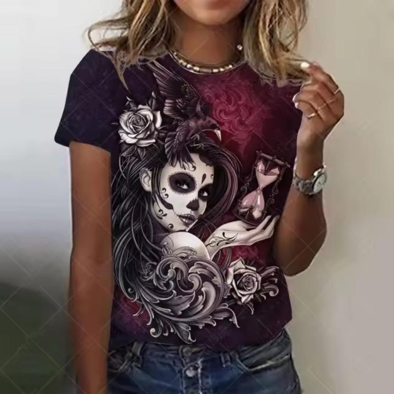 Horror-Totenköpfe 3D-Druck T-Shirt Damenmode T-Shirts Vintage Tops T-Shirts Totenkopf T-Shirt Damen Tops V-Ausschnitt T-Shirt Übergroße Kleidung L