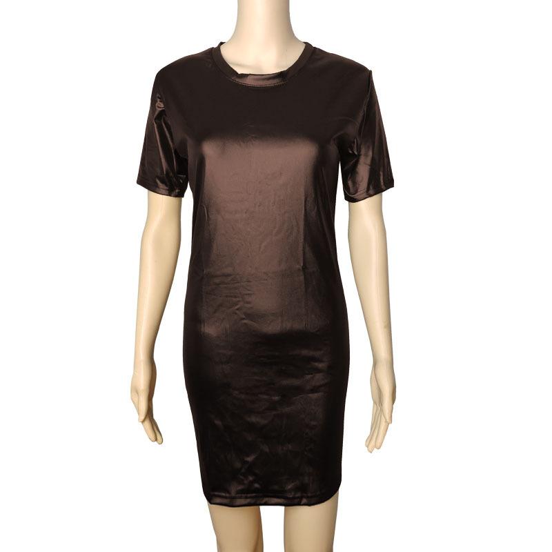 Europäische und amerikanische Damenkleider aus Kunstleder, modisches, langes, kurzärmliges Wickelkleid XXL brown