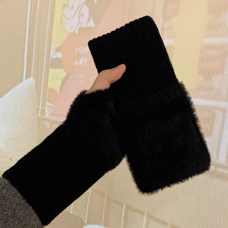 Nerz Fleece Weiche Winter Halb Finger Handschuhe Frauen Warme Luxus Solide Weiß Plüsch Gestrickte Fingerlose Handschuhe Handgelenk Fäustlinge Writtingc schwarz